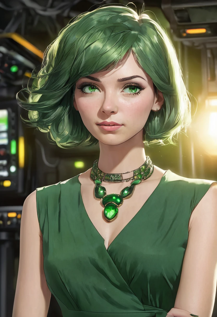 1 woman, in front of a control panel, wearing a forest green dress, cloth necklace around her neck, detailed facial features, detailed green female eyes, detailed light skin, smooth green bob-style hair, strong lighting, disgusted expression on the face, cold cinematic composition, atmospheric fog, beautiful face, thin chin, beautiful woman, feminine and beautiful, 25 years old (best quality, 4K, 8K, high resolution, art: 1.2), ultra-detailed, (realistic, photorealistic, photorealistic: 1.37 )