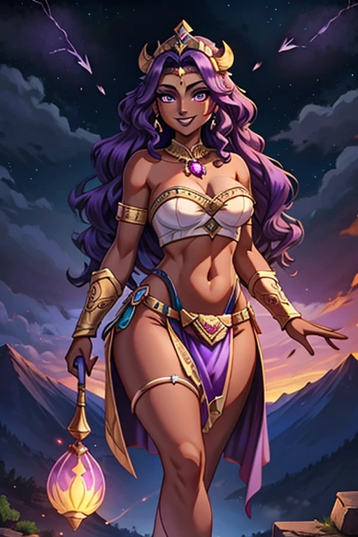 (best quality:1.3), (4K quality),masterpiece, best quality, high res, detailed, vibrant colors, (Detailed face:1.2), (Detailed eyes:1.2), (Perfect figure:1.2), Fantasy style, Fantasy environment solo, 1girl, 25 year old woman, sorceress, (Dark skin:1.5), purple hair, wavy hair, long hair, purple eyes, mascaras purple eyeshadow, smile, purple lipstick, skin covered in purple markings, medium breasts, waist, slender legs, attractive body, slim figure, perfect shape, (Wearing:golden headpiece, purple strapless top, purple loincloth, pelvic curtain, golden armlets), looking at viewer with an amused smile, both hands glowing bright purple, purple magic, bright purple sparks in both hands, BREAK (Night time, outdoors, dark clouds in the sky, purple lighting, stone temple, stone structures, on the mountain top, gorgeous view of the mountains)
