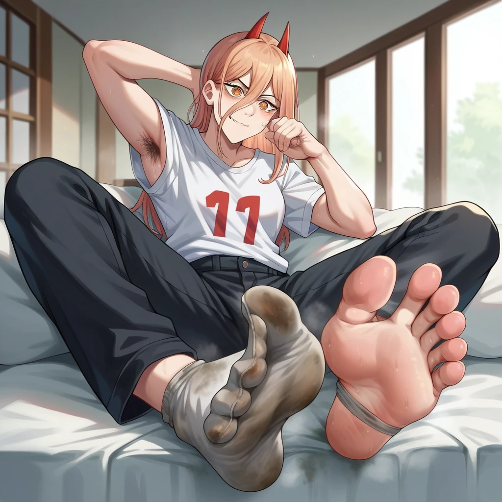 score_9, score_8_wonderful, score_7_wonderful, anime,pubic hair, armpit hair, large amount of pubic hair, Chainsaw Man, power, sole, smelly feet, five fingers, five fingers, extremely smelly feet, black pants, white T-shirt, dirty socks, indoors