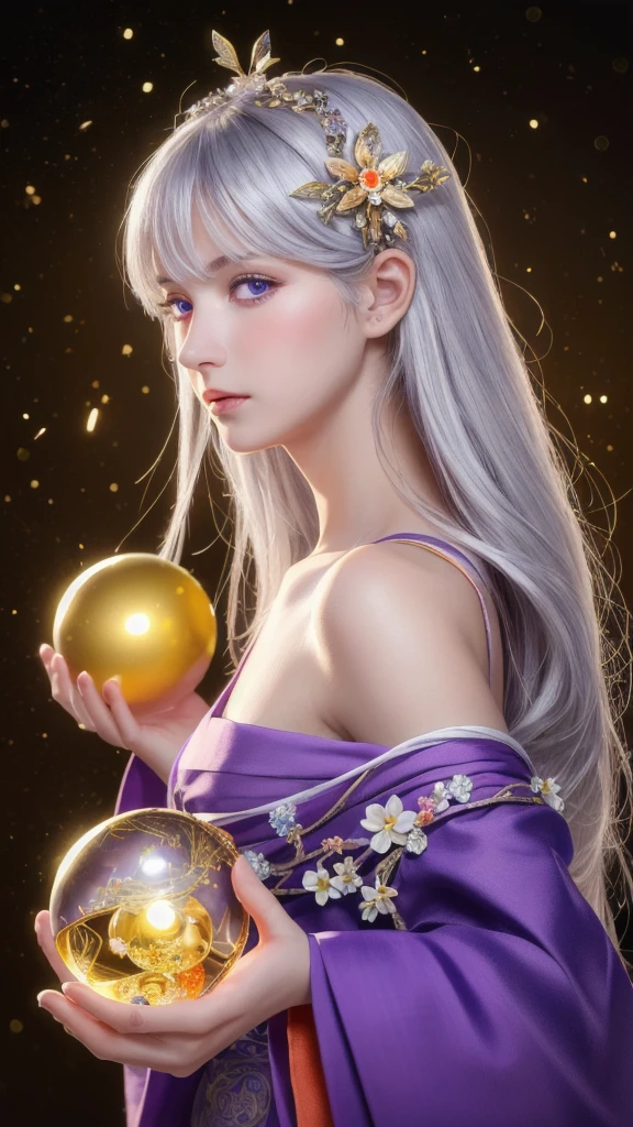 (masterpiece:1.3), (8k, photorealistic, raw photo, highest quality:1.4), (one girl), beautiful face, (realistic face), (long hair), (silver hair, near white hair, shiny hair, beautiful straight hair), (even bangs), (sharp bangs), straight hairstyle, realistic eyes, beautiful detailed eyes (purple eyes), (sharp eyes), (realistic skin), beautiful skin, (kimono), (magician's kimono), (flower hair ornament), attractive, ultra high resolution, ultra realistic, highly detailed, golden ratio, colorful background, (flowers blooming), (energy dancing background), magician, facing forward, facing from shoulders, looking straight ahead, both shoulders facing towards you, holding crystal ball, (heart crystal ball, love crystal ball).