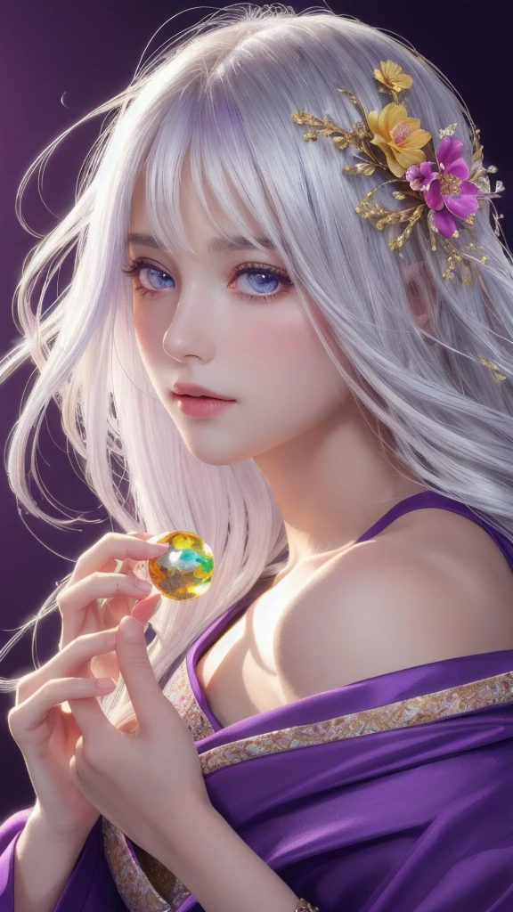 (masterpiece:1.3), (8k, photorealistic, raw photo, highest quality:1.4), (one girl), beautiful face, (realistic face), (long hair), (silver hair, near white hair, shiny hair, beautiful straight hair), (even bangs), (sharp bangs), straight hairstyle, realistic eyes, beautiful detailed eyes (purple eyes), (sharp eyes), (realistic skin), beautiful skin, (kimono), (magician's kimono), (flower hair ornament), attractive, ultra high resolution, ultra realistic, highly detailed, golden ratio, colorful background, (flowers blooming), (energy dancing background), magician, facing forward, facing from shoulders, looking straight ahead, both shoulders facing towards you, holding crystal ball, (heart crystal ball, love crystal ball).