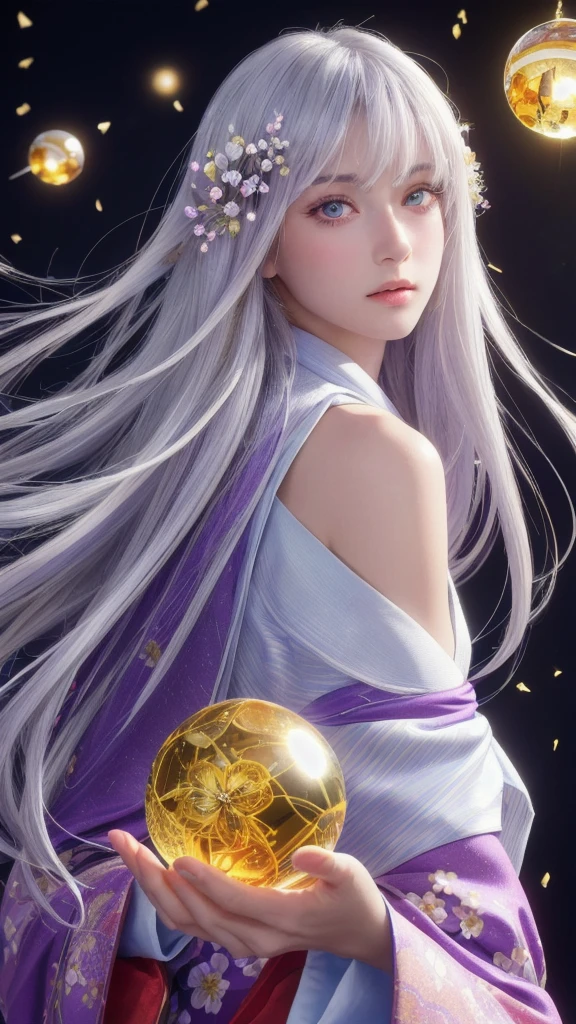 (masterpiece:1.3), (8k, photorealistic, raw photo, highest quality:1.4), (one girl), beautiful face, (realistic face), (long hair), (silver hair, near white hair, shiny hair, beautiful straight hair), (even bangs), (sharp bangs), straight hairstyle, realistic eyes, beautiful detailed eyes (purple eyes), (sharp eyes), (realistic skin), beautiful skin, (kimono), (magician's kimono), (flower hair ornament), attractive, ultra high resolution, ultra realistic, highly detailed, golden ratio, colorful background, (flowers blooming), (energy dancing background), magician, facing forward, facing from shoulders, looking straight ahead, both shoulders facing towards you, holding crystal ball, (heart crystal ball, love crystal ball).