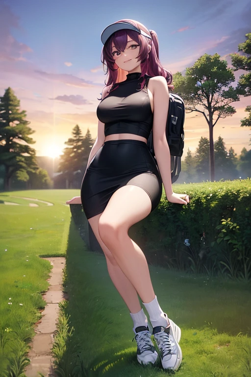 ((masterpiece, best quality)), highres, beautiful woman looking at viewer, beautiful eyes, wide hips, smiling, arms crossed, off shoulder top bra, black midi pencil skirt, pencil skirt, visor, sneakers, socks, wearing backpack, full body, medium purple hair, wavy hair, stone garden, summer evening, sunset, trees, leaves, park