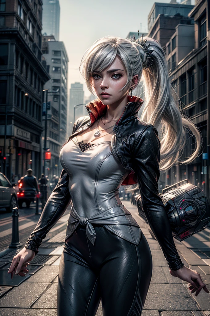 (masterpiece, best quality:1.2), cowboy shot, weissvale, expressionless, closed mouth, looking at viewer, long white hair, side ponytail, scar above eye, scar below eye, t-shirt, yoga pants, jewelry, necklace, earrings, in city street (future_urban, crowd, (volumetric lighting), intricate details, tonemapping, sharp focus, hyper detailed