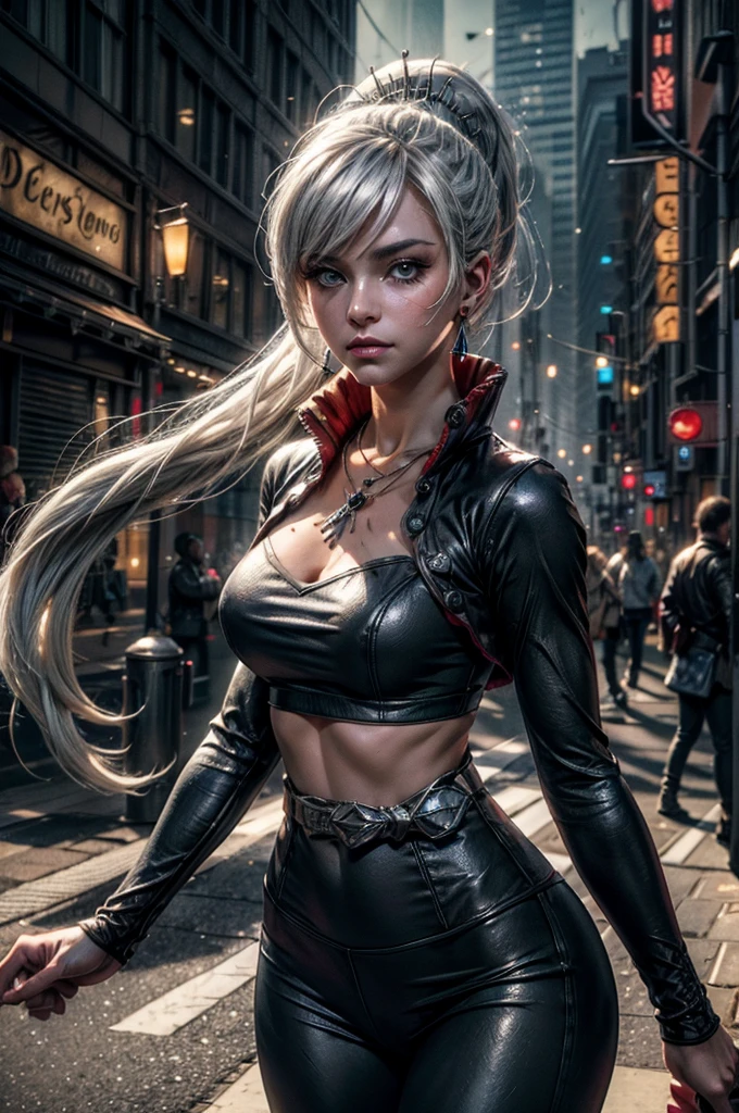 (masterpiece, best quality:1.2), cowboy shot, weissvale, expressionless, closed mouth, looking at viewer, long white hair, side ponytail, scar above eye, scar below eye, t-shirt, yoga pants, jewelry, necklace, earrings, in city street (future_urban, crowd, (volumetric lighting), intricate details, tonemapping, sharp focus, hyper detailed