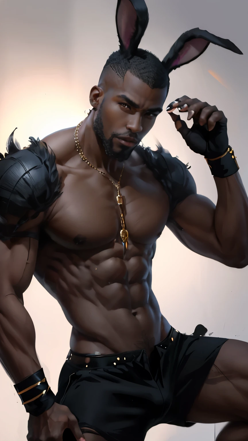black african man with black shaved hair with rabbit ears shirtless shaped physique in black underwear with black glove with claws , masterpiece , 4k , fantasy