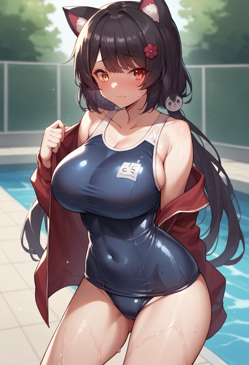 Inui Toko(nijisanji),Long Hair,Black Hair,Yellow and red eyes,Black cat ears,hair ornaments, Large Breasts,No pants,School Swimsuit,A bust that seems to be bursting,Her breasts are sticking out of her swimsuit,Full body portrait,Are standing,Wedged crotch,Tight,Tight,Wet,Poolside,Embarrassed face,黒色のSchool Swimsuit,