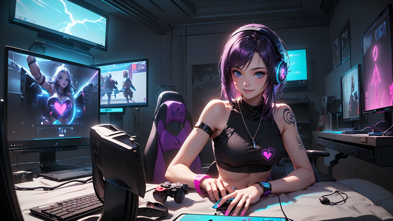 top-quality、Top image quality、​masterpiece、girl with((18year old、Tattoo of the heart symbol on the right shoulder、Black Navel crop Top、jean shorts、Best Bust、Bust 85、Purple hair、Longhaire、Blue eyes、open chest wide、Happiness、Chain Accessories、Black wristband on wrist、sit a chair、A slender、A smile、Have a controller、Slouched、Gaming headphones、income)）hiquality、visualart、Background with((Neon colored room、Gaming PC、Gaming Desk、Gaming Chair、Gaming bed、gaming console))、masutepiece、Depth(lightning bolt)