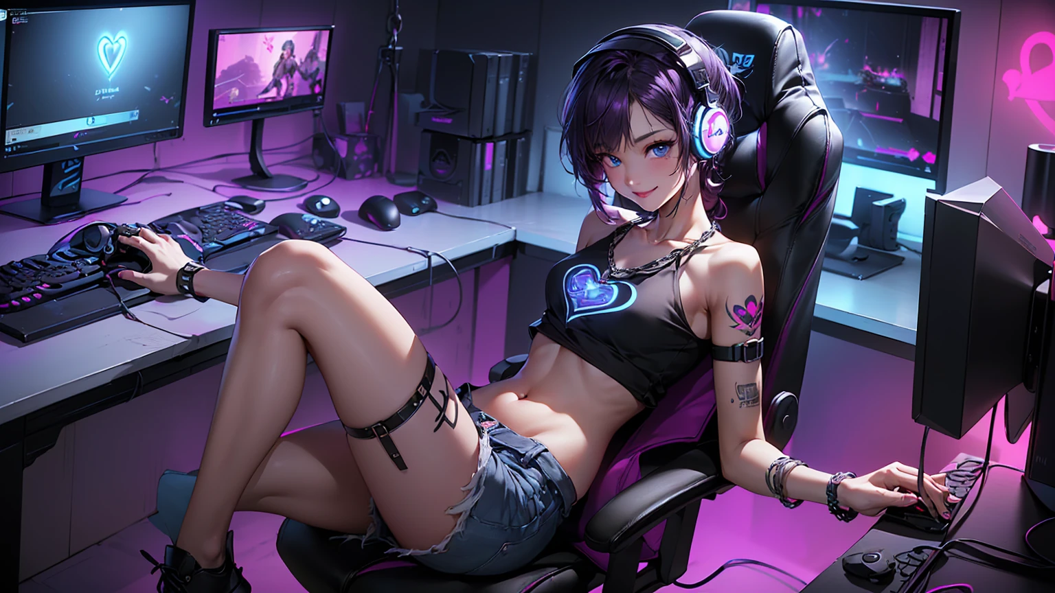 top-quality、Top image quality、masterpiece、girl with((18year old、Tattoo of the heart symbol on the right shoulder、Black Navel crop Top、jean shorts、Best Bust、Bust 85、Purple hair、Longhaire、Blue eyes、open chest wide、Happiness、Chain Accessories、Black wristband on wrist、sit a chair、A slender、A smile、Have a controller、Slouched、Gaming headphones、income))hiquality、visualart、Background with((Neon colored room、Gaming PC、Gaming Desk、Gaming Chair、Gaming bed、gaming console))、masutepiece、Depth(lightning bolt)