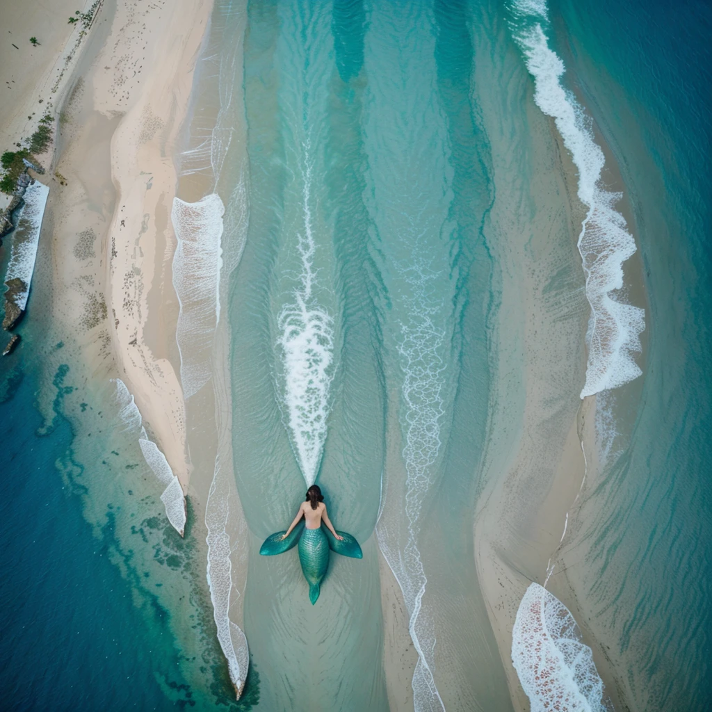 Create an image of a Largest 600 feet long and width Giant beautiful mermaid in a Ocean near island, Upper Drone View, high resolution