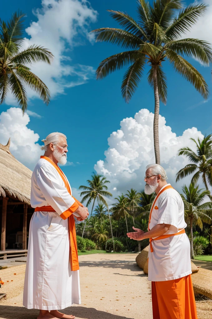 An animated scene shows a man in regal attire bowing with hands pressed together before an older man with a long white beard, dressed in orange and white robes. They are standing in front of traditional thatched-roof huts with palm trees and greenery in the background, under a partly cloudy sky.