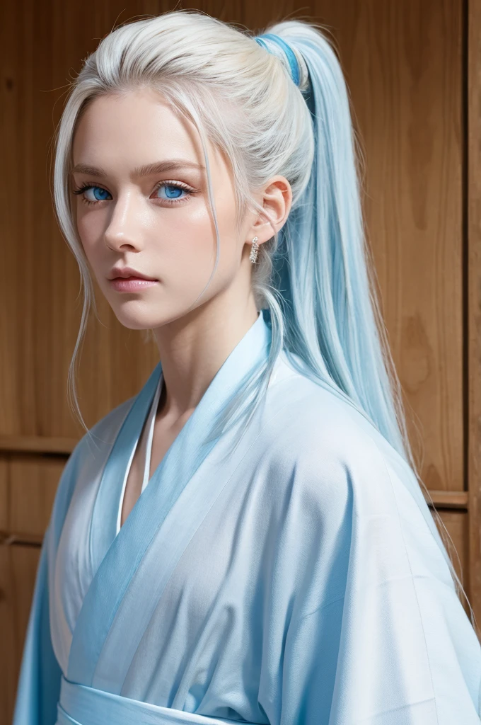 Cool guy, long white hair tied in a ponytail at the neck, plain kimono, light blue eyes