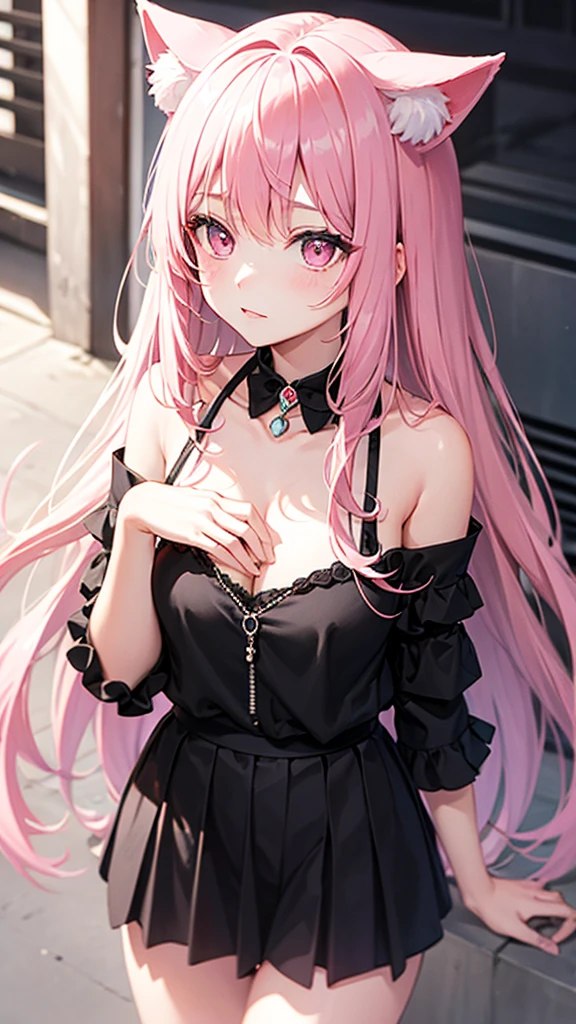 Center of chest,pretty girl,Cat ear,Beautiful silver hair,Pink inside,Beautiful pink eyes,black shirt,black skirt,dark
