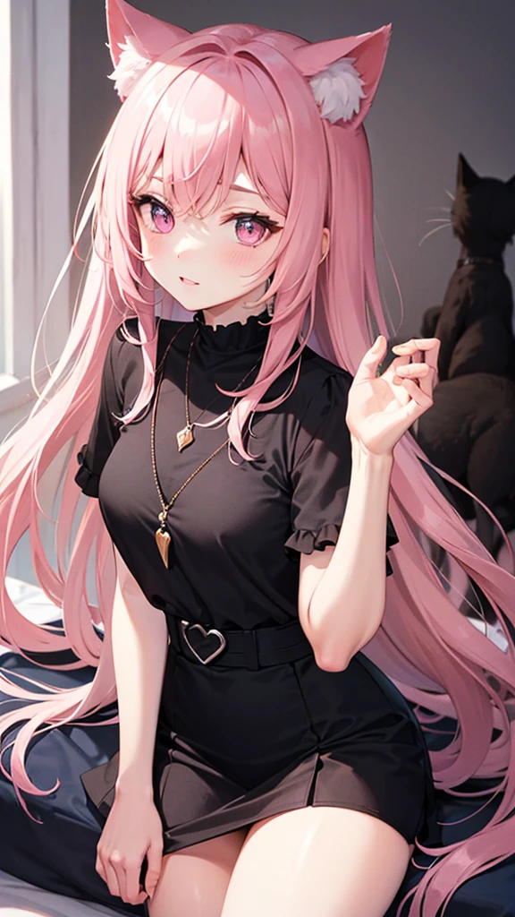 Center of chest,pretty girl,Cat ear,Beautiful silver hair,Pink inside,Beautiful pink eyes,black shirt,black skirt,dark
