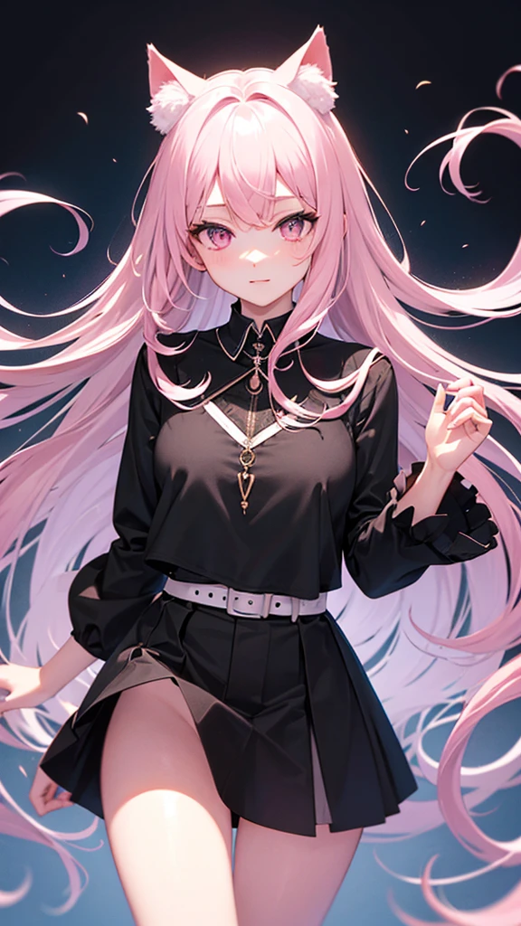 Center of chest,pretty girl,Cat ear,Beautiful silver hair,Pink inside,Beautiful pink eyes,black shirt,black skirt,dark