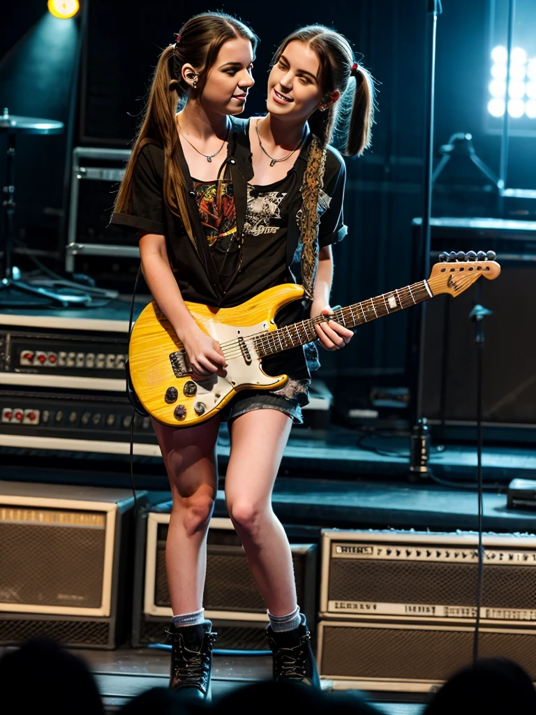 (conjoined_dicephalus), (2heads), 20-year-old white girl with two heads, long brown ponytail, wearing a grunge outfit, standing on stage, playing an electric guitar at a concert