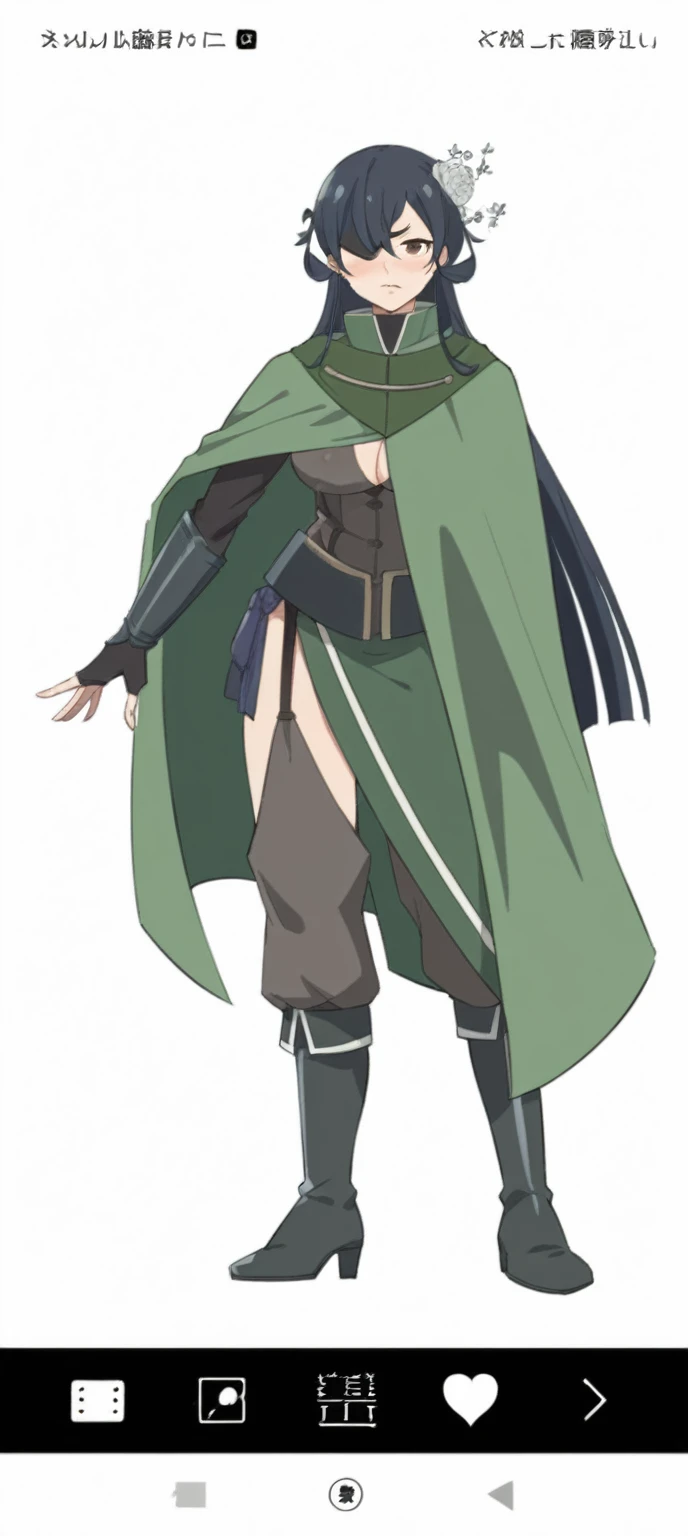 Anime girl in green cape and boots with a sword., naughty anime girl, anya from the spy family x, female anime character, Dark Sorceress Full Body Pose., female action anime girl, with a green cape, Cushart Krenz, Inspired by Sakai Hoitsu, anime girl from the future, anime cel shading, Mushoku Tensei, milf with huge breasts, visible nipples.