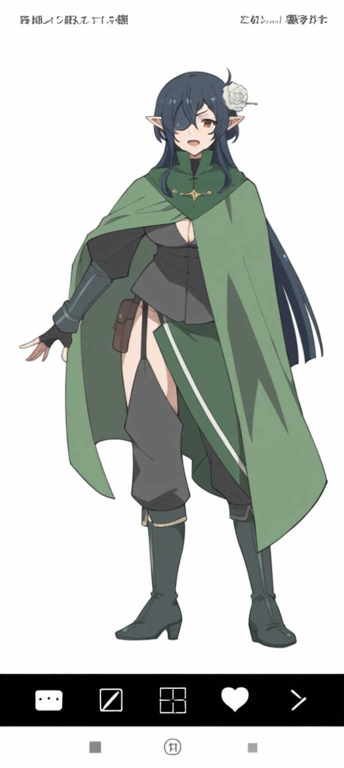Anime girl in green cape and boots with a sword., naughty anime girl, anya from the spy family x, female anime character, Dark Sorceress Full Body Pose., female action anime girl, with a green cape, Cushart Krenz, Inspired by Sakai Hoitsu, anime girl from the future, anime cel shading, Mushoku Tensei, milf with huge breasts, visible nipples.