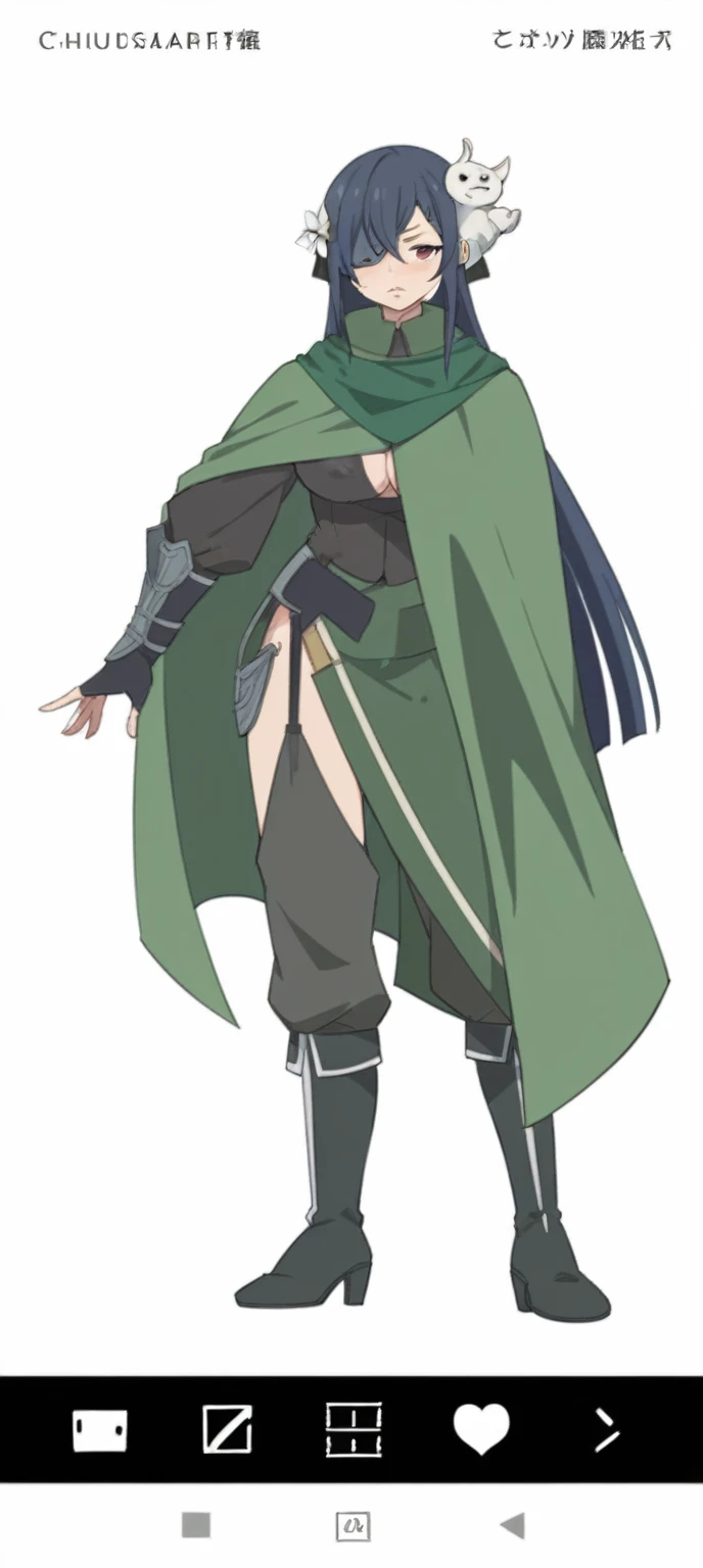 Anime girl in green cape and boots with a sword., naughty anime girl, anya from the spy family x, female anime character, Dark Sorceress Full Body Pose., female action anime girl, with a green cape, Cushart Krenz, Inspired by Sakai Hoitsu, anime girl from the future, anime cel shading, Mushoku Tensei, milf with huge breasts, visible nipples.