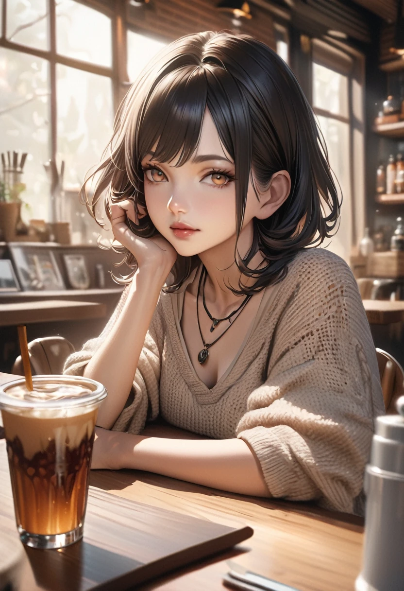 (Tabletop,Highest quality)), (Realistic:1.4),(((Tabletop,8K)),Stylish cafe,(Stylish interior),((Full body photo))),Photographed in natural light,Highly detailed face and skin texture,Highly detailed lips,The correct state of the human body,Ultra-high resolution,(Photorealistic:1.4),Highest quality, One beautiful woman, 38 years old, s, 60mm lens, light beige knit,(Medium Hair),Japanese women,(Black Hair),Various poses,looking at the camera,Natural lip color, necklace