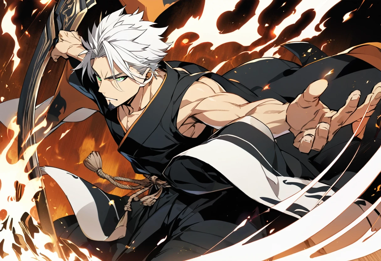 1 boy, male focus, Intricate details, 1 man, handsome, white hair, vibrant green eyes, slim muscles, アニメ, 19 years old, 19 years old, a small goatee, Shinigami kimono, Shinigami, bleach style, bleach, Tank top, kimono , bleach, bleach style (black kimono), (the character would be releasing all his power on the battlefield, using your scythe launching negative flames at your opponents, leaving the entire battlefield in black flames, This is your bankai form from the bleach universe).