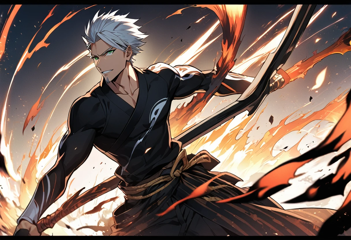 1 boy, male focus, Intricate details, 1 man, handsome, white hair, vibrant green eyes, slim muscles, アニメ, 19 years old, 19 years old, a small goatee, Shinigami kimono, Shinigami, bleach style, bleach, Tank top, kimono , bleach, bleach style (black kimono), (the character would be releasing all his power on the battlefield, using your scythe launching negative flames at your opponents, leaving the entire battlefield in black flames, This is your bankai form from the bleach universe).