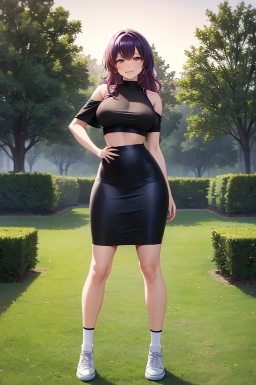 ((masterpiece, best quality)), highres, beautiful woman looking at viewer, wide hips, hand on hip, smiling, crop top, black midi pencil skirt, pencil skirt, sneakers, socks, full body, medium purple hair, wavy hair, stone garden, summer evening, sunset, trees, leaves, park
