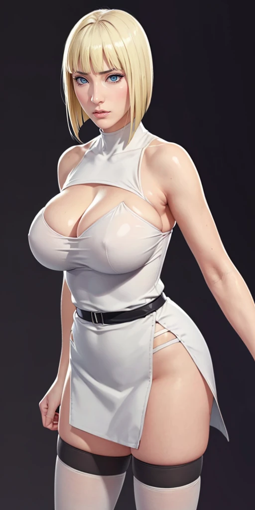 (((Perfect body,White and tender skin,(((Light gray outfit, black short skirt, red wrist guard, black high boots, waist belt, restraint bag))),(((Samui, blue eyes, blonde hair, short hair, bangs, blunt bangs,))),((masterpiece)),high resolution, ((Best quality at best)),masterpiece,quality,Best quality,((( Exquisite facial features,Looking at the audience,There is light in the eyes,blush,Happy,lol))),))),(((Light and shadow,Huge breasts))),(((Looking at the camera,black background,)))),