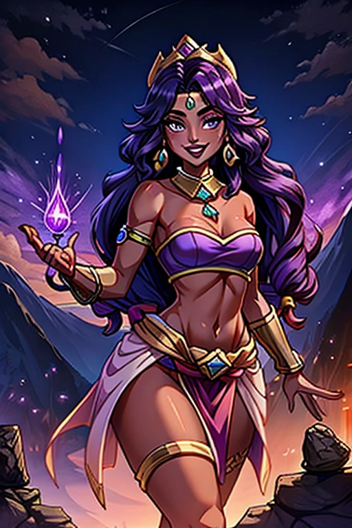 (best quality:1.3), (4K quality),masterpiece, best quality, high res, detailed, vibrant colors, (Detailed face:1.2), (Detailed eyes:1.2), (Perfect figure:1.2), Fantasy style, Fantasy environment solo, 1girl, 25 year old woman, sorceress, (Dark skin:1.5), purple hair, wavy hair, long hair, purple eyes, mascaras purple eyeshadow, smile, purple lipstick, skin covered in purple markings, medium breasts, waist, slender legs, attractive body, slim figure, perfect shape, (Wearing:golden headpiece, purple strapless top, purple loincloth, pelvic curtain, golden armlets), looking at viewer with an amused smile, both hands glowing bright purple, purple magic, bright purple sparks in both hands, BREAK (Night time, outdoors, dark clouds in the sky, purple lighting, stone temple, stone structures, on the mountain top, gorgeous view of the mountains)
