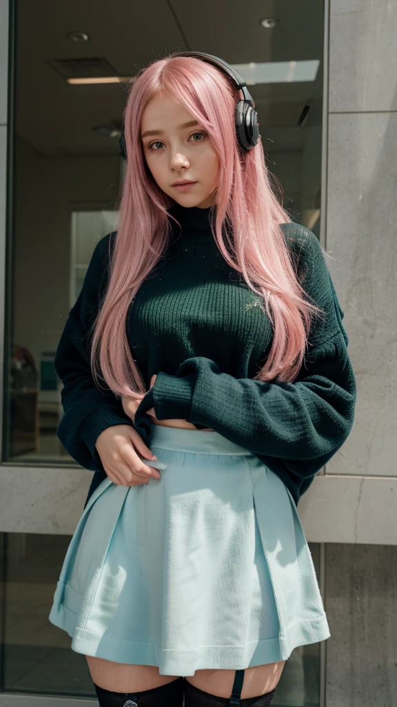 {a young woman with long pink hair, pink anime eyes. She is wearing a large light blue sweater, yes face is beautiful, her face is super cute, her face is super pretty, his face is super cute,((a green skirt)) and black stockings. He has blue headphones on., with a thoughtful and slightly worried expression. The young woman stands with her body slightly leaning forward, looking down at the viewer, shyly . His pose denotes a state of reflection and perhaps a slight uncertainty..}