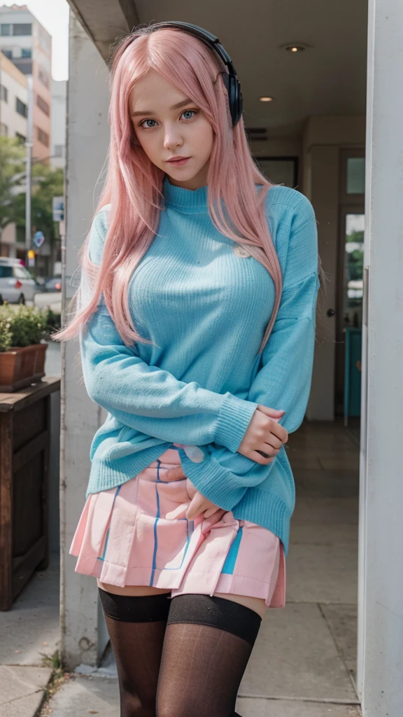 {a young woman with long pink hair, pink anime eyes. She is wearing a large light blue sweater,  yes face is beautiful, her face is super cute, her face is super pretty, his face is super cute,((a green skirt)) and black stockings. He has blue headphones on., with a thoughtful and slightly worried expression. The young woman stands with her body slightly leaning forward, looking down at the viewer, shyly . His pose denotes a state of reflection and perhaps a slight uncertainty..}

