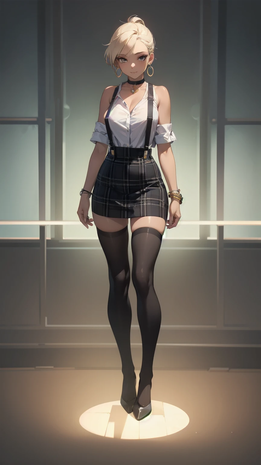 1 girl, looking directly at viewer, business attire, tan skin, top showing skin, big circle earrings, choker, skirt, shirt, thighhighs, jewelry, earrings, thighhighs, bracelet, plaid, makeup, suspenders, suspender skirt, highly detailed, bare shoulders, natural lighting, full body view, standing still, bright colors