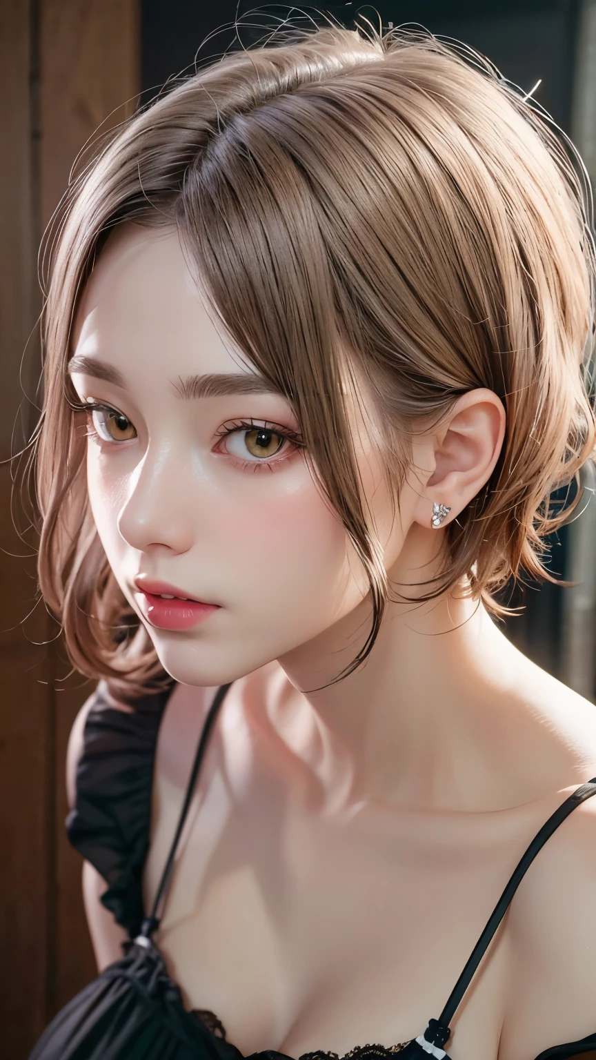 Masterpiece hyperrealist & Photorealistic beautiful girl, Realistic Skin (Pore-filled skin) Short Bob Cut Hair, Realistic red lips,Punk Girl, (head shot:1.5),Shorts