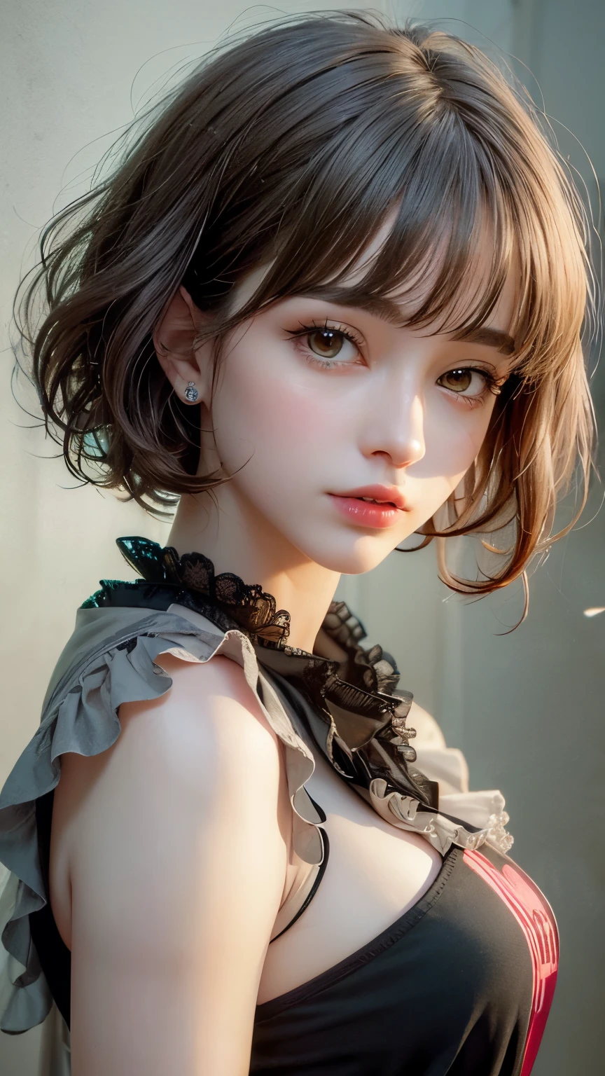 Masterpiece hyperrealist & Photorealistic beautiful girl, Realistic Skin (Pore-filled skin) Short Bob Cut Hair, Realistic red lips,Punk Girl, (head shot:1.5),Shorts