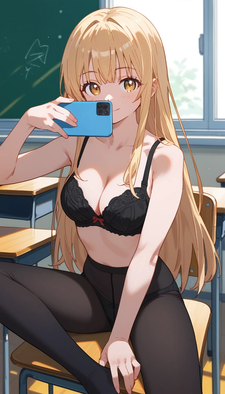 masterpiece,Ultra HD,score_4_onBREAK source_anime,可愛いanimeイラスト, masterpiece,high resolution,alone,mahirushiina,One girl,Blonde,Long Hair,,Selfie pose,Show your underwear,Black Bra,black tights,School,classroom,nsfw,Sitting,Spread your legs,