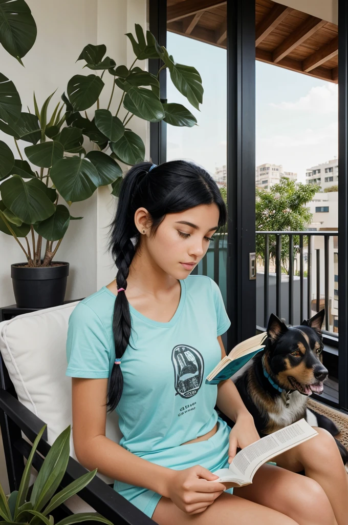 Graphic illustration of a teenage girl with medium black hair tied in a ponytail reading a book alongside her dog in her balcony surrounded by plants