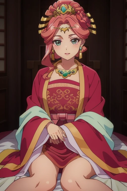 sitting,thighs,blush,parted lips,
yuyefei,solo,pink hair,earrings,hair ornament,hair flower,makeup,lipstick,green eyes,
necklace,hanfu,chinese clothes,red chinese clothes,pink dress,red dress,long sleeves,wide sleeves,red breasts curtain,
mother and daughter,mature female,blanket,baby,2girls,smile,, Exquisite visuals, high-definition,masterpiece,best quality,, Exquisite visuals,high-definition,masterpiece,best quality,18yo,Young female,Beautiful Fingers,Beautiful long legs,Beautiful body,Beautiful character design,white panties, Semen flows below