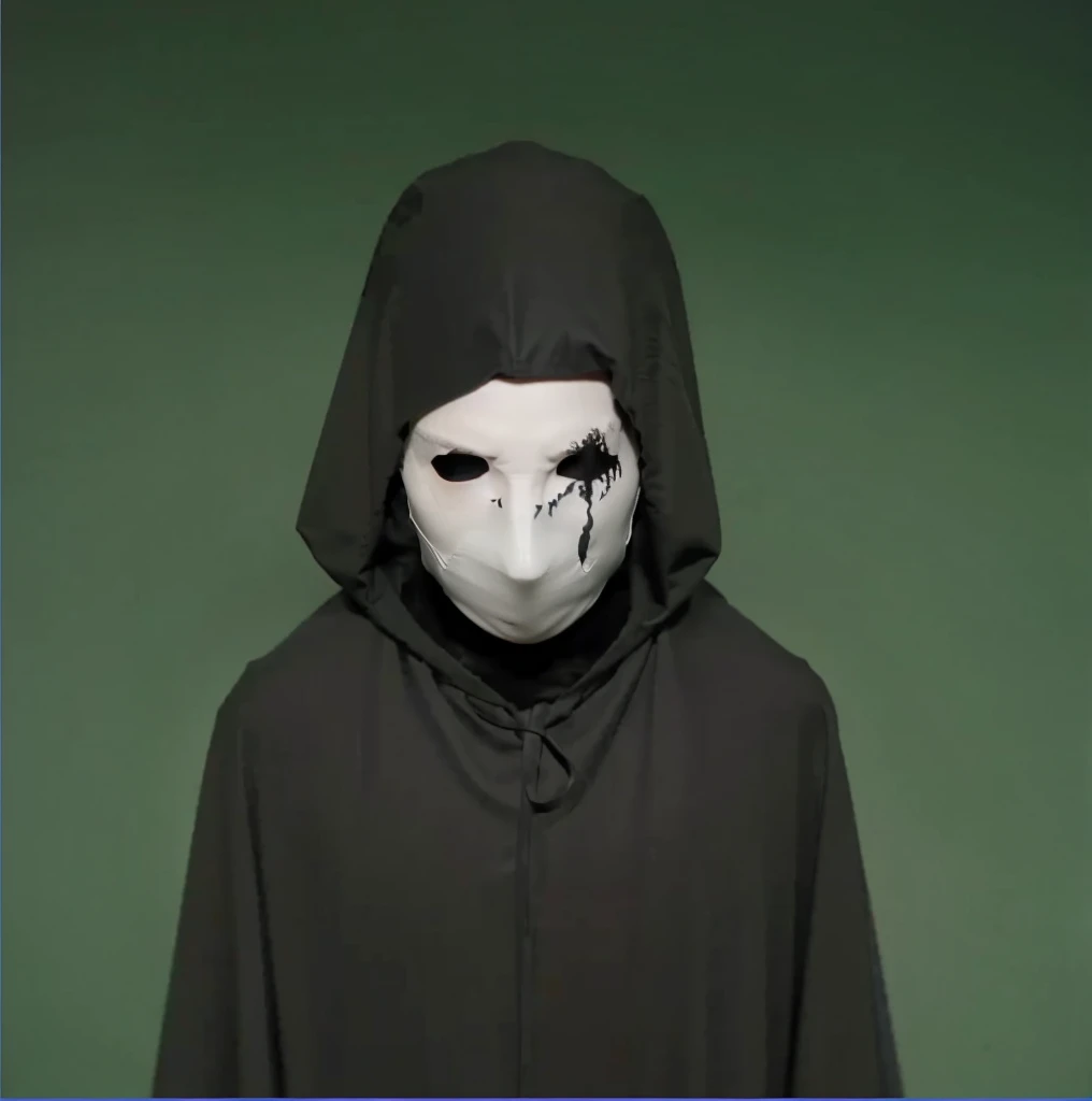 a medieval man wearing a black cloak, mask, medieval clothing, white mask , dramatic lighting, cinematic, dark fantasy, moody atmosphere, chiaroscuro , white mask , black blood under the eye , black smoke around the eyes