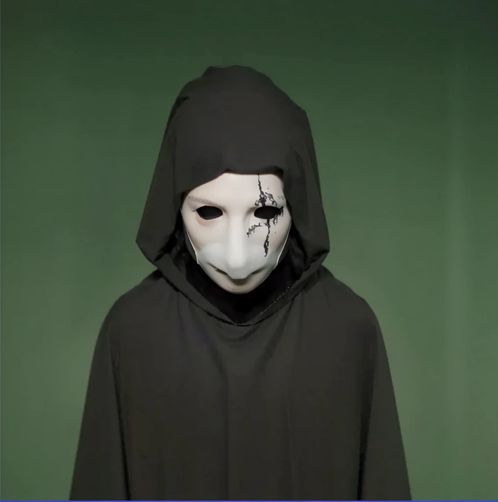 a medieval man wearing a black cloak, mask, medieval clothing, white mask , dramatic lighting, cinematic, dark fantasy, moody atmosphere, chiaroscuro , white mask , black blood under the eye , black smoke around the eyes
