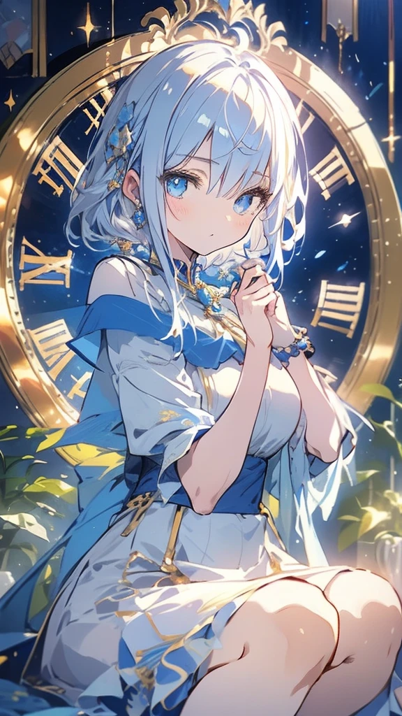 Anime-style illustration of a young woman with white hair and vivid blue eyes. She is wearing a detailed blue and white dress with gold embellishments and a high collar. The background has a clock face and scattered blue and gold elements, giving a celestial or ethereal feel. The character's pose is dynamic, with flowing fabric and intricate jewelry. ((masterpiece)), ((best quality)), ((highly detailed)),
