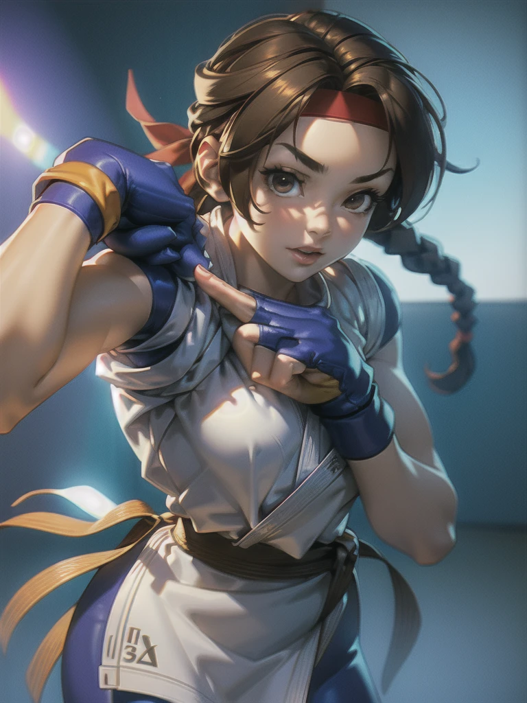 20-year-old woman, alone, athletic, brown hair tied in a braid, wears a red bandana on her forehead, wears blue fingerless gloves, wears blue gloves, high resolution, perfect image, very detailed, high contrast, colors digital, simple, medium shot, cinematic, ultra sharp focus, Award-winning photography, perfect contrast, high sharpness, depth of field, ultra detailed photography. global illumination, fluid, ultra high definition, 8k, Unreal Engine 5, ultra sharp focus, award-winning photography, Art Season Trends,
