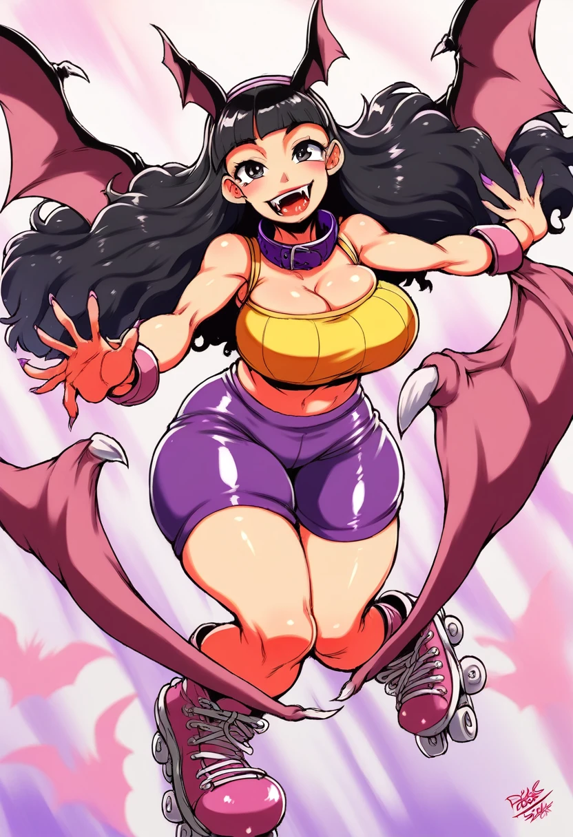 ( lilica felchenerow (arcana heart) cosplay), (skates, gold sleeveless parka, purple tube top, purple spandex shorts,  purple collar, bat wings), ((masterpiece,best quality, hyper-hdr,  8k uhd,  hyper-detailed)), connie maheswaran, long hair, black hair, pink blade, fangs, full shot, smile, big breast, age 25, sensual pin-up,  flirty cleavage  tease