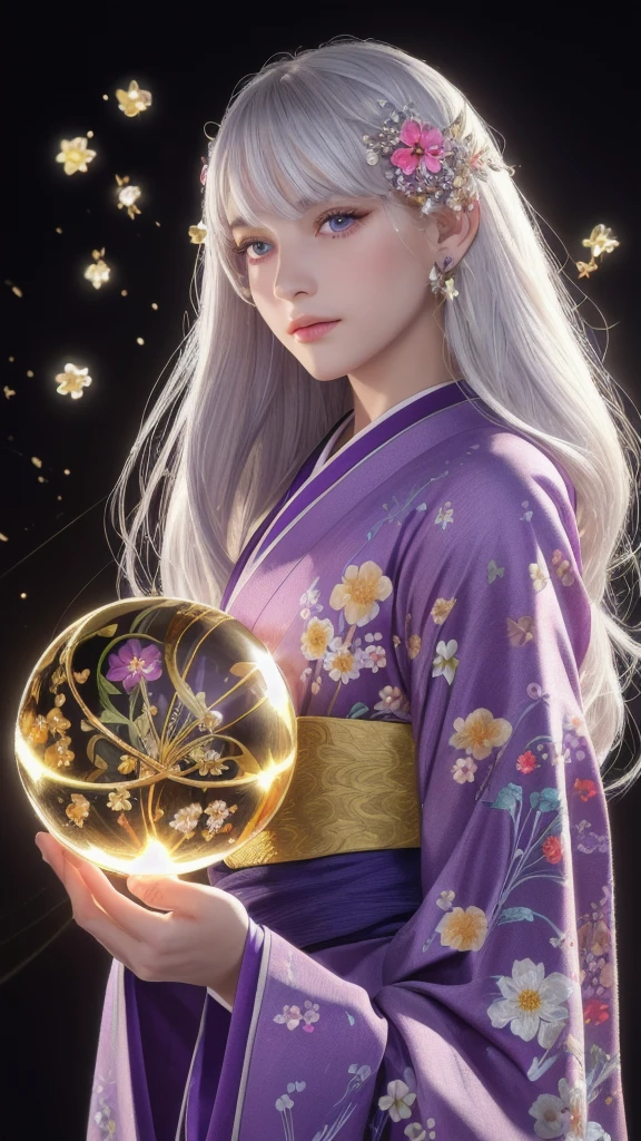 (masterpiece:1.3), (8k, photorealistic, raw photo, highest quality:1.4), (one girl), beautiful face, (realistic face), (long hair), (silver hair, near white hair, shiny hair, beautiful straight hair), (even bangs), (sharp bangs), straight hairstyle, realistic eyes, beautiful detailed eyes (purple eyes), (sharp eyes), (realistic skin), beautiful skin, (kimono), (magician's kimono), (flower hair ornament), attractive, ultra high resolution, ultra realistic, highly detailed, golden ratio, colorful background, (flowers blooming), (energy dancing background), magician, facing forward, facing from shoulders, looking straight ahead, both shoulders facing towards you, holding crystal ball, (heart crystal ball, love crystal ball).