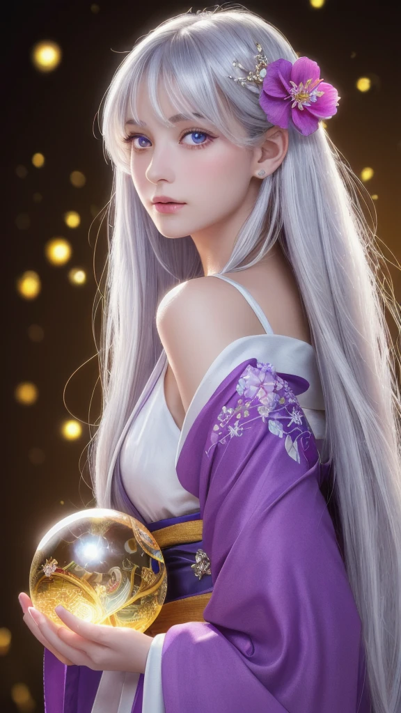 (masterpiece:1.3), (8k, photorealistic, raw photo, highest quality:1.4), (one girl), beautiful face, (realistic face), (long hair), (silver hair, near white hair, shiny hair, beautiful straight hair), (even bangs), (sharp bangs), straight hairstyle, realistic eyes, beautiful detailed eyes (purple eyes), (sharp eyes), (realistic skin), beautiful skin, (kimono), (magician's kimono), (flower hair ornament), attractive, ultra high resolution, ultra realistic, highly detailed, golden ratio, colorful background, (flowers blooming), (energy dancing background), magician, facing forward, facing from shoulders, looking straight ahead, both shoulders facing towards you, holding crystal ball, (heart crystal ball, love crystal ball).