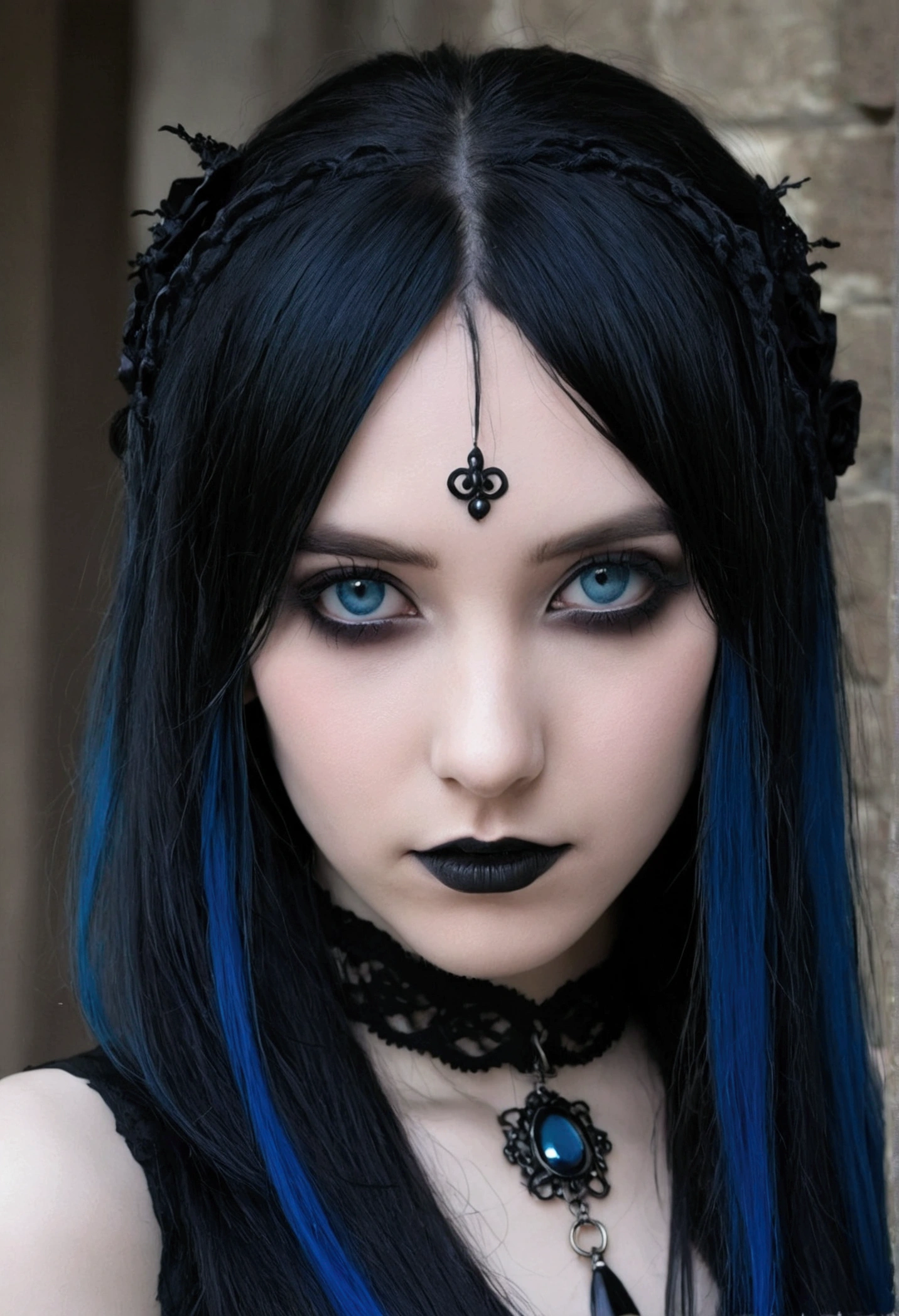 I want a gothic girl having sex who has half blue, half black hair