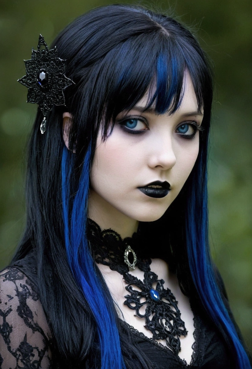 I want a gothic girl having sex who has half blue, half black hair