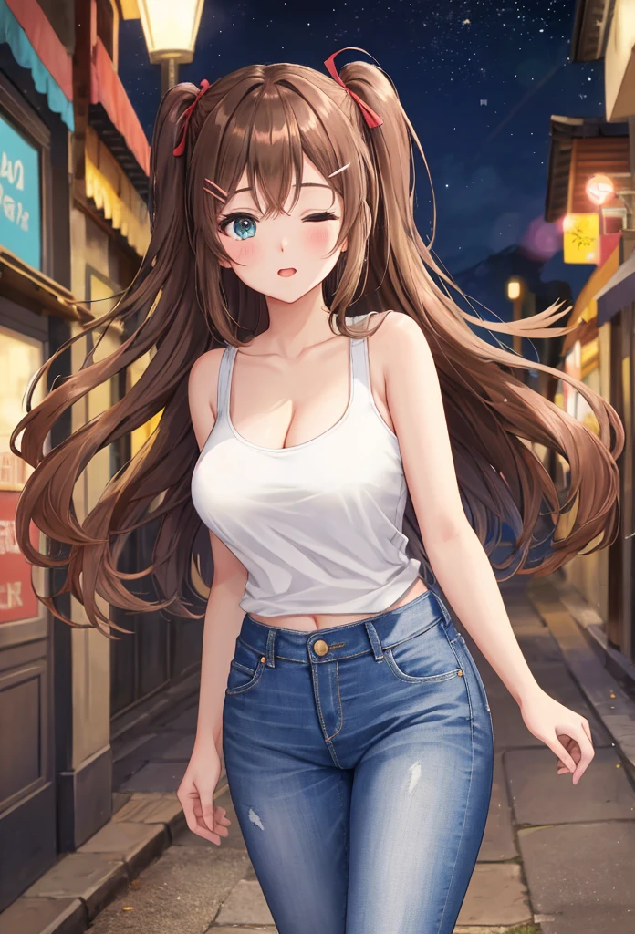A beautiful girl in jeans and a bra top walking down a street, anime girl, night street, houses and shops in the street, street lit by street lamps, trees, night sky, starry night, yawning face, big rounds breasts, (white tanktop, blue jeans pants), dark brown hair, bangs, long hair, wavy hair, hair one side up, expressive hair, shiny hair, two side up, hairclip, ribbon, aqua eyes, glowing eyes, pupils sparkling, blush, bright pupils, one eye closed, tight clothing, varied poses, anime, high detail, anime style, depth of field, dithering, chiaroscuro, image fill, first-person view, pov, three sided view, panorama, perspective, photography, lens flare, Wide-Angle, f/1.8, 85mm, Nikon, 40k, super detail, UHD, retina, masterpiece, accurate, anatomically correct, textured skin, highres, best quality