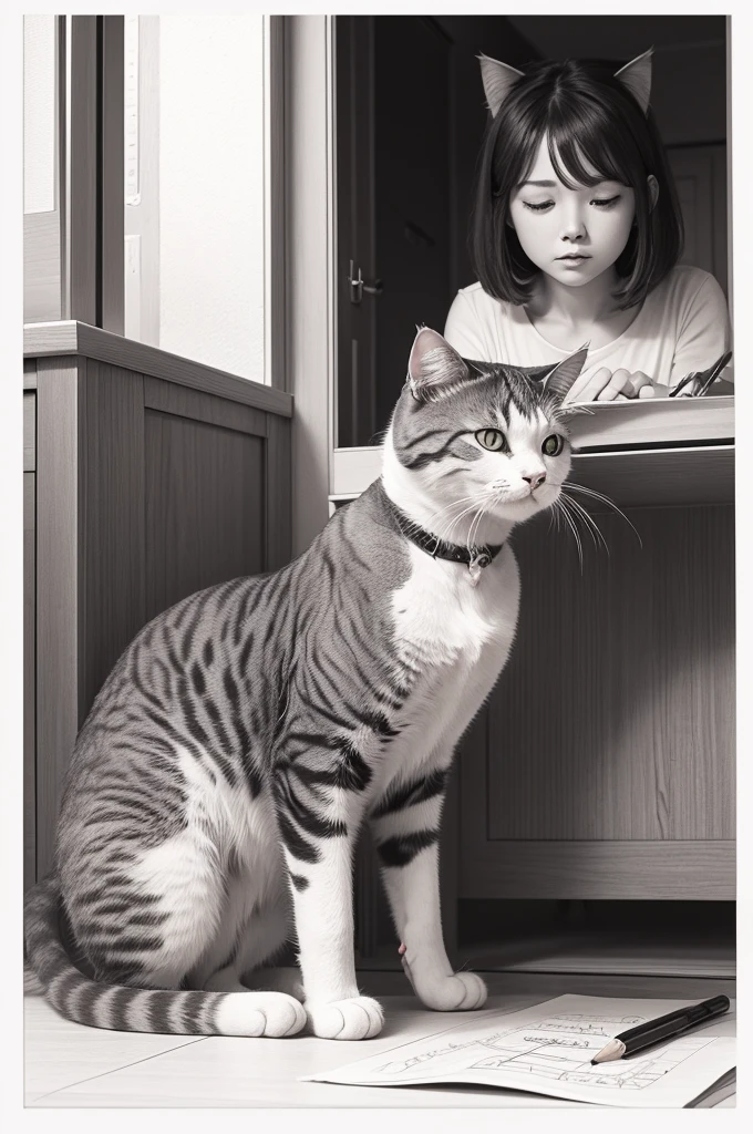 Create a simple sketch (Give a cat in, in the pencil drawing style)