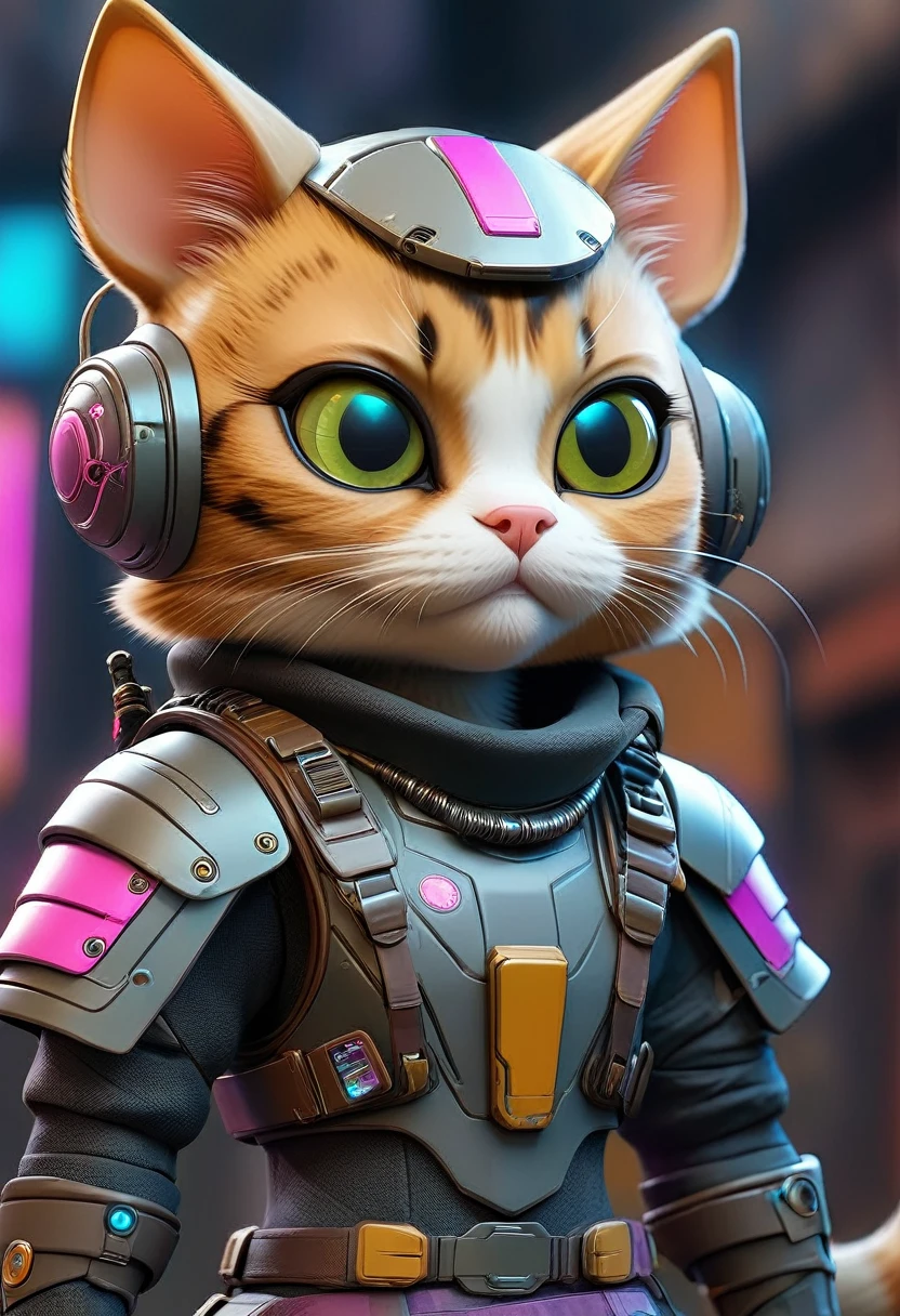 Dressed animals page, captivating and intriguing image of a Cute cat dressed in cyberpunk styled armor, cybernatic, Jetpak on it back, (flying:1.5)