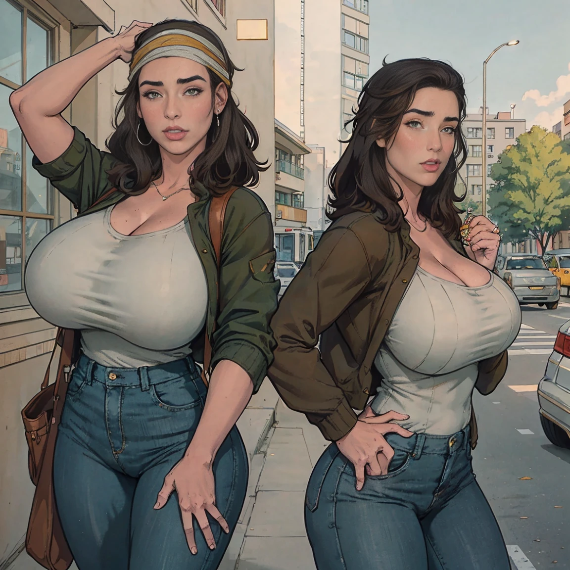 Extremely busty thin and toned brunette photographer, college girl, fair skin, loose side sweep, soft face, athletic, bandana babushka headwrap, tight olive green casual windbreaker, skinny jeans. standing in front of her apartment building, outdoors, city, camera bag, cleavage